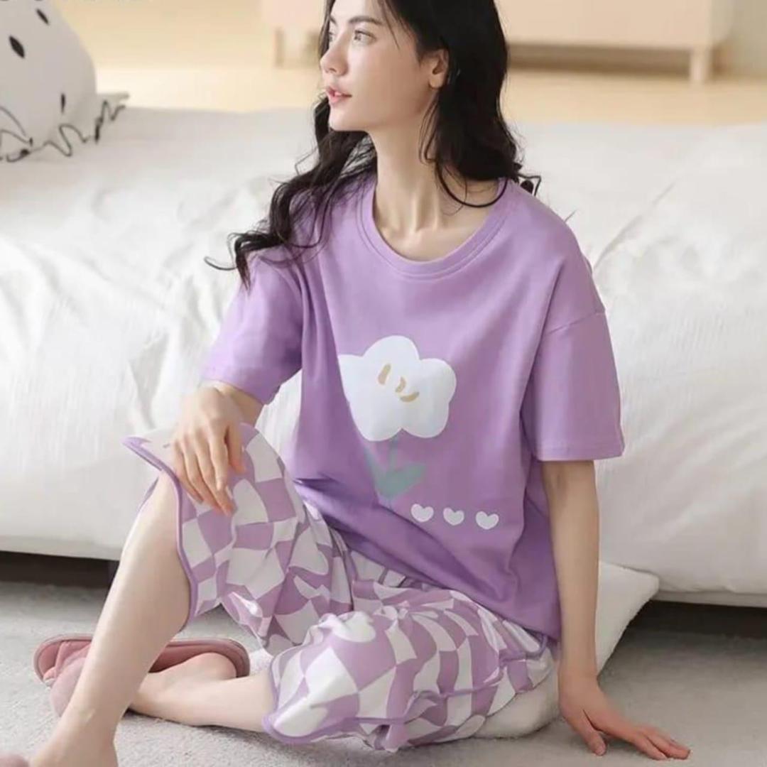 2 Pcs Women's Stitched Cotton Jersey Night Suit