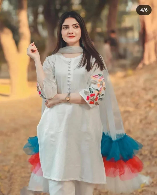 Embroidered Sleeves Kurti With Frill Dupatta & Trouser (3 Piece Suit)