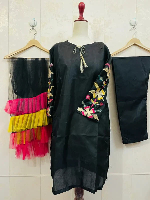 Embroidered Sleeves Kurti With Frill Dupatta & Trouser (3 Piece Suit)