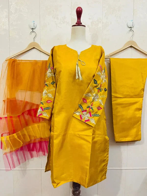 Embroidered Sleeves Kurti With Frill Dupatta & Trouser (3 Piece Suit)