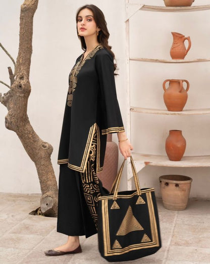 3 Pcs Linen Print Dress & Bag