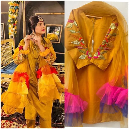 Embroidered Sleeves Kurti With Frill Dupatta & Trouser (3 Piece Suit)