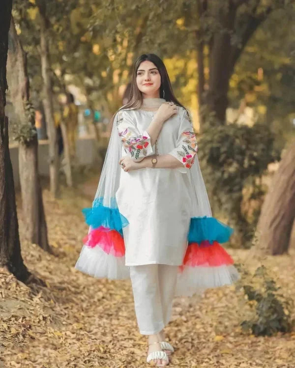 Embroidered Sleeves Kurti With Frill Dupatta & Trouser (3 Piece Suit)
