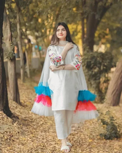 Embroidered Sleeves Kurti With Frill Dupatta & Trouser (3 Piece Suit)