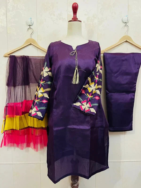 Embroidered Sleeves Kurti With Frill Dupatta & Trouser (3 Piece Suit)