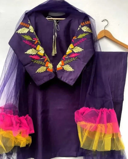 Embroidered Sleeves Kurti With Frill Dupatta & Trouser (3 Piece Suit)