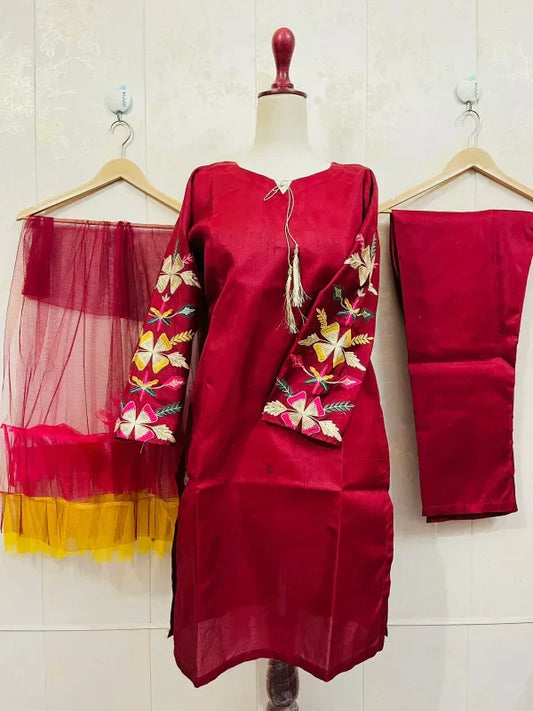 Embroidered Sleeves Kurti With Frill Dupatta & Trouser (3 Piece Suit)